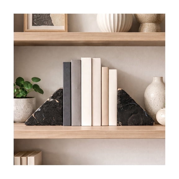 Triangular Wooden Book Ends for Bookshelf Decor - Book Accessories for Office Library Accent - Decorative Bookends Display for Home Shelves, Desk or Living Room Feature Item - Set of 2, 6", Brown