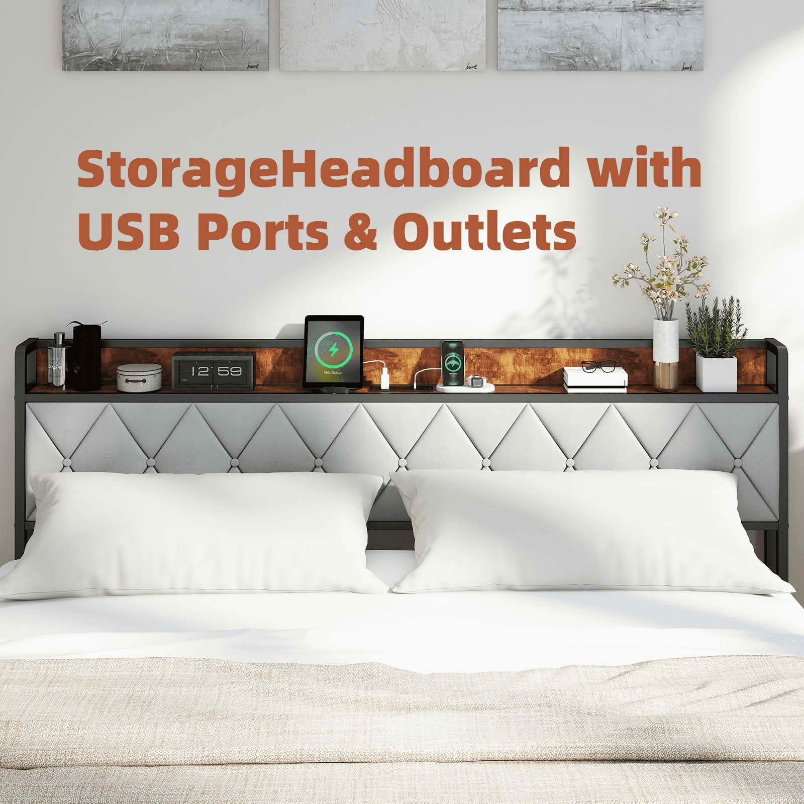 MAYEERTY Queen Size Iron Frame Bed with Soft-Padded Headboard Storage and Charging Port
