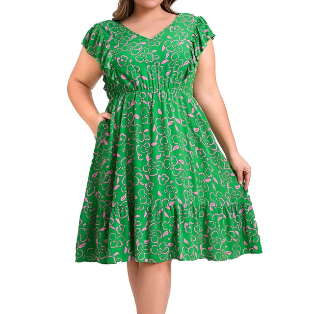 GRACE & GRANDEUR Vestido A-Line de Talla Grande para Mujeres con Cuello en V, Mangas con Volantes, Cintura Elástica y Bolsillos 2X Verde