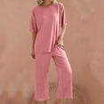 thumbnail image 4 of Bixock Pajamas for Women Solid Color Ice Silk Short Sleeve Top Lace Neck Long Pants 2 Piece Loungewear Sleepwear, 4 of 6
