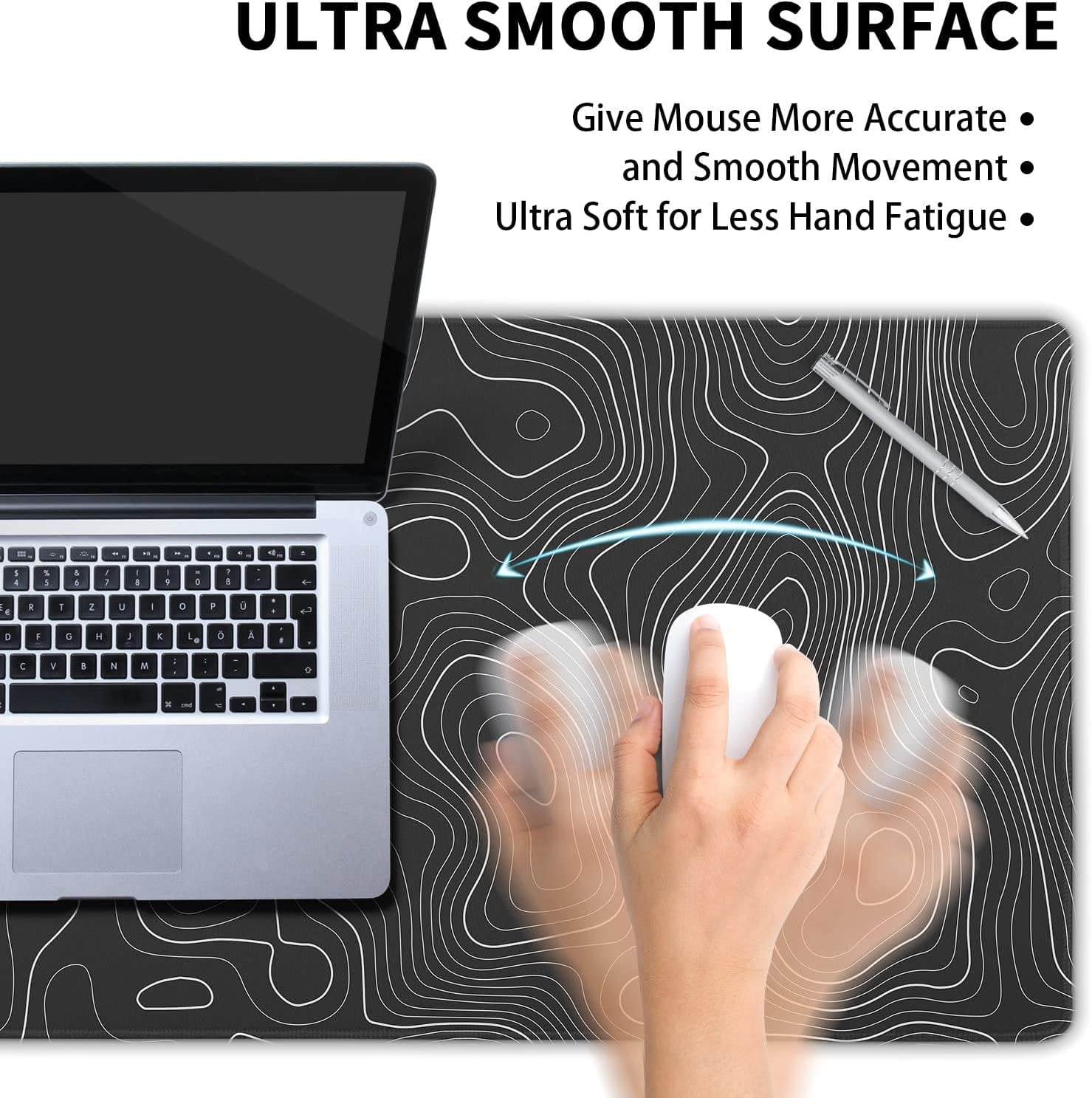 Topographic Map Large Mouse Pad XXL Black Lines Contour Geographic Extended Large Desk Mat Big Desk Pad 90X40 CM Non-Slip Rubber Base Stitched Edge Long Mousepad,35.4 x 15.7 Inch