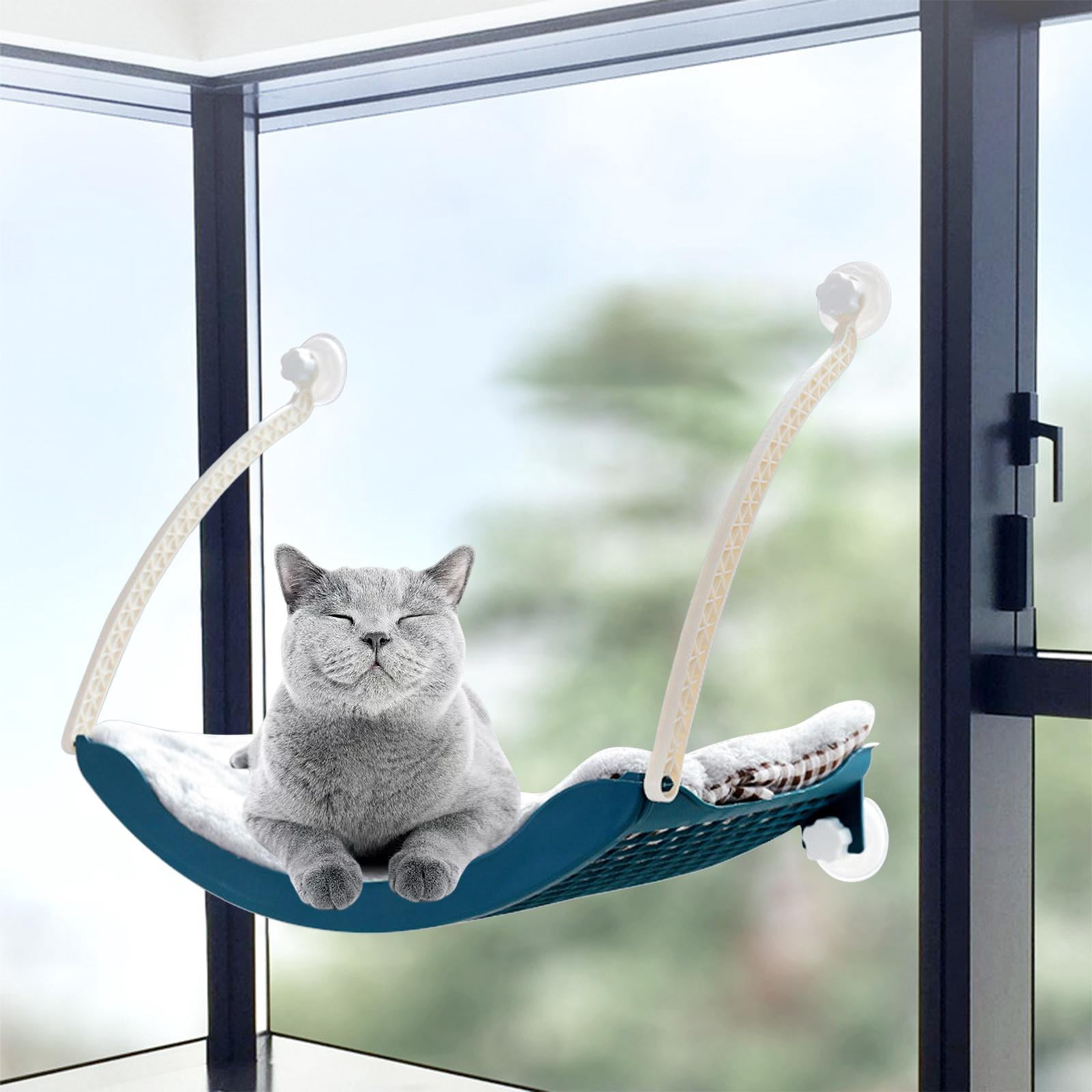 Cat Window Perch, Cat Hammock w/Fleece Blanket Screw Suction Cups Large Sturdy Cat Bed Cat Resting Seat Holds Large Cats Indoors Outdoors Blue