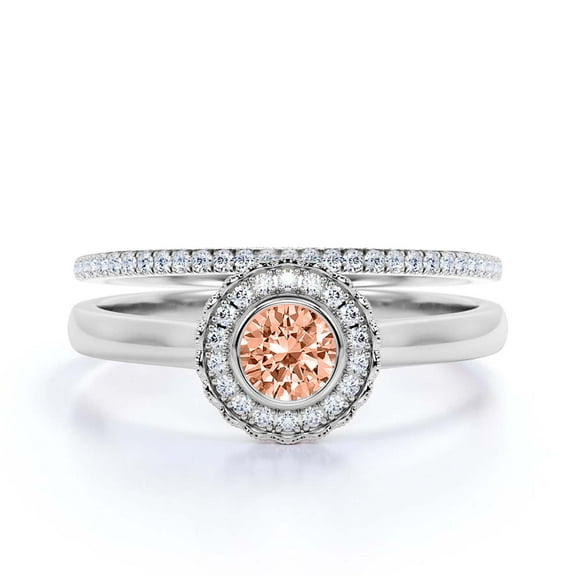 Beautiful 1.60 Carat Round Morganite And Diamond Moissanite Engagement Ring, Floral Halo Wedding Ring, One Matching Band In 18K White Gold Plating, Bridal Rings, Gift For Her, Promise Ring