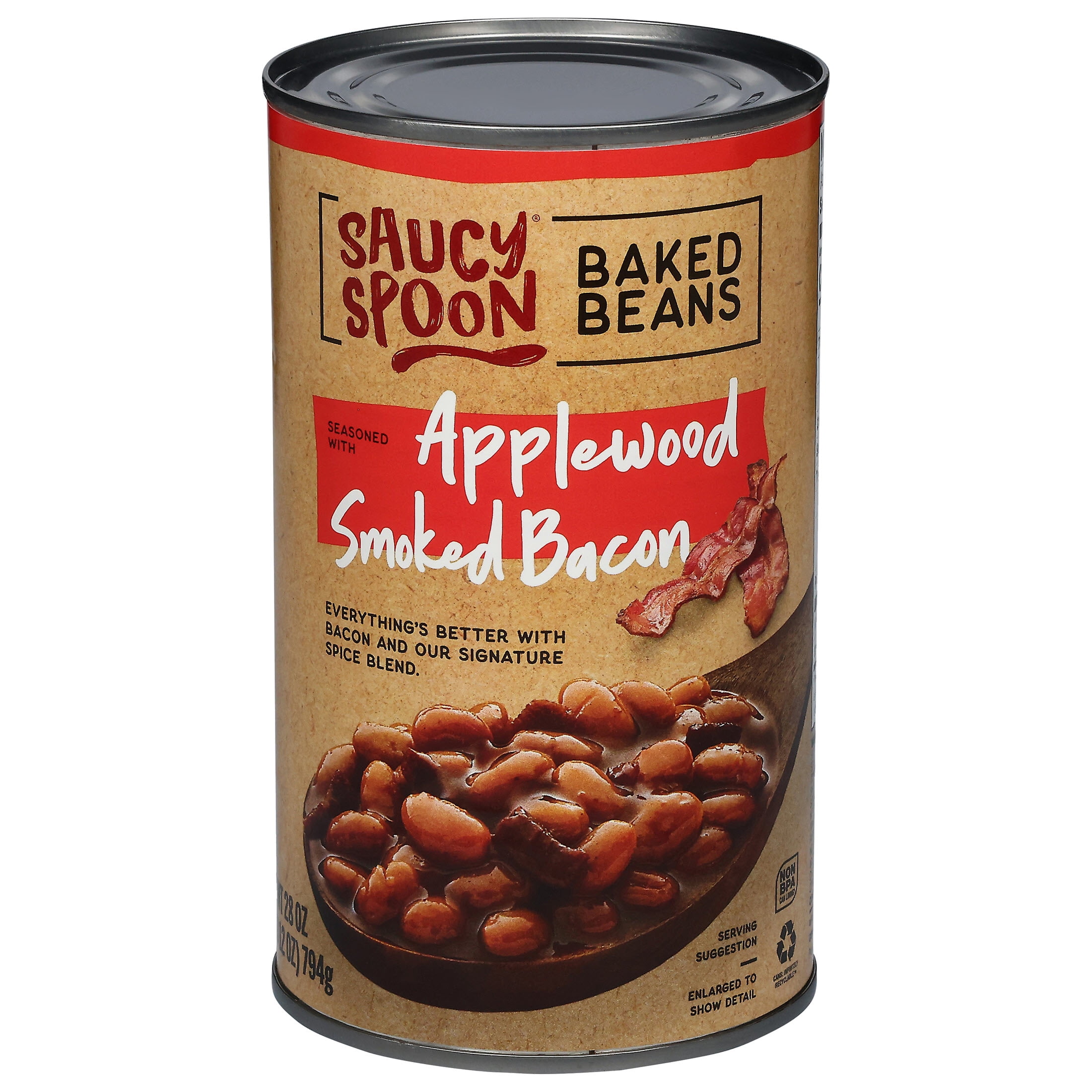 (5 pack) Saucy Spoon Applewood Smoked Bacon Baked Beans, Canned Beans, 28 oz Can