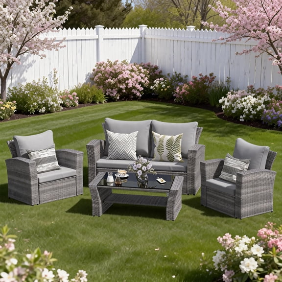 Heynemo 4 Pcs Outdoor Patio Furniture Set, Wicker Sectional Sofa Set with Coffee Table,Gray