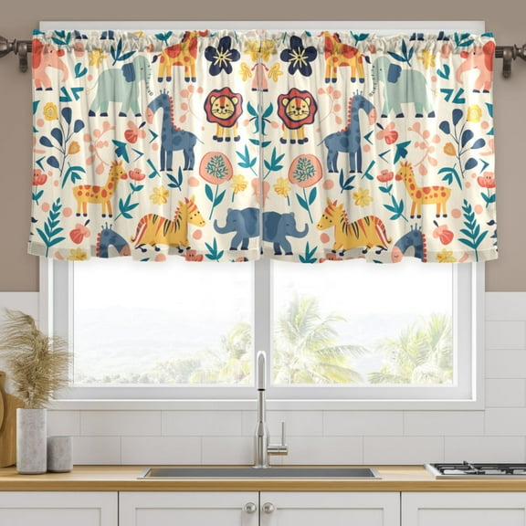 Ryvnso Cartoon Cute Elephant Giraffe Curtains Sets Short Curtain Rod Pocket Half Window Cafe Farmhouse Tier 2 Panels 57"W x 24"L