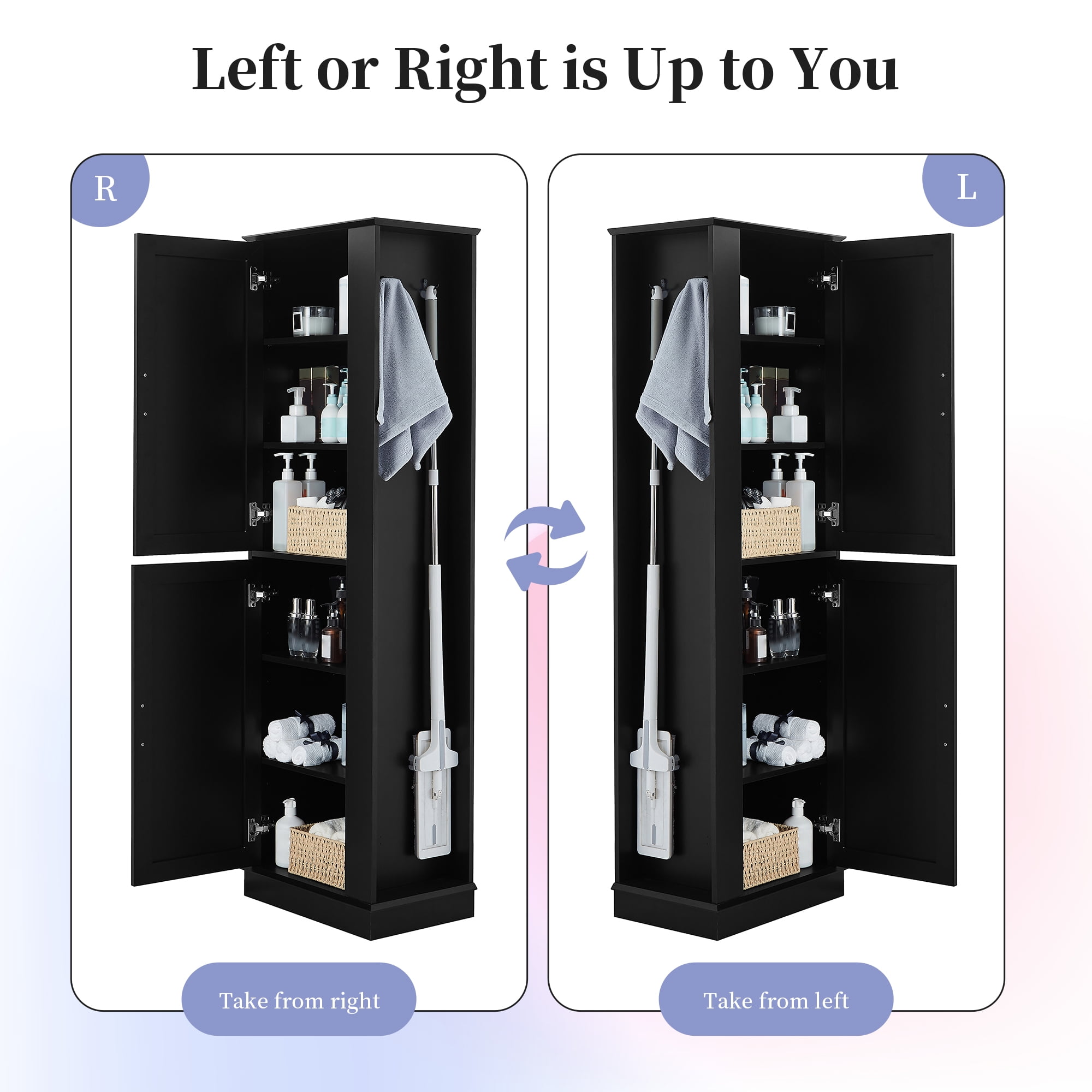 Harper & Bright Designs Tall Bathroom Storage Cabinet Doors and Hook, Modern Freestanding Cabinet with Adjustable Shelves for Bathroom, Black