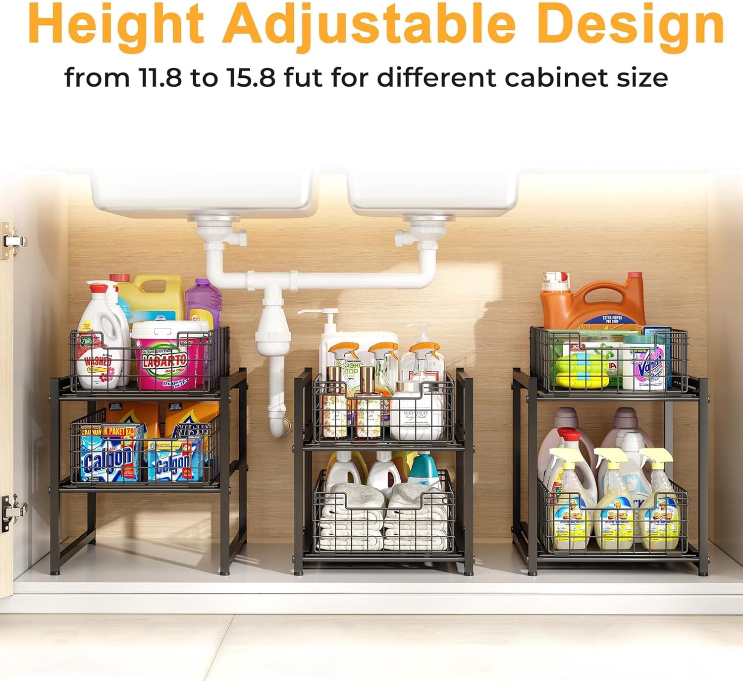 Under Sink Organizer 2-Tier Pull Out Cabinet Storage Rack for Kitchen Bathroom Spice Rack Sliding Drawers Shelves Pack of 2