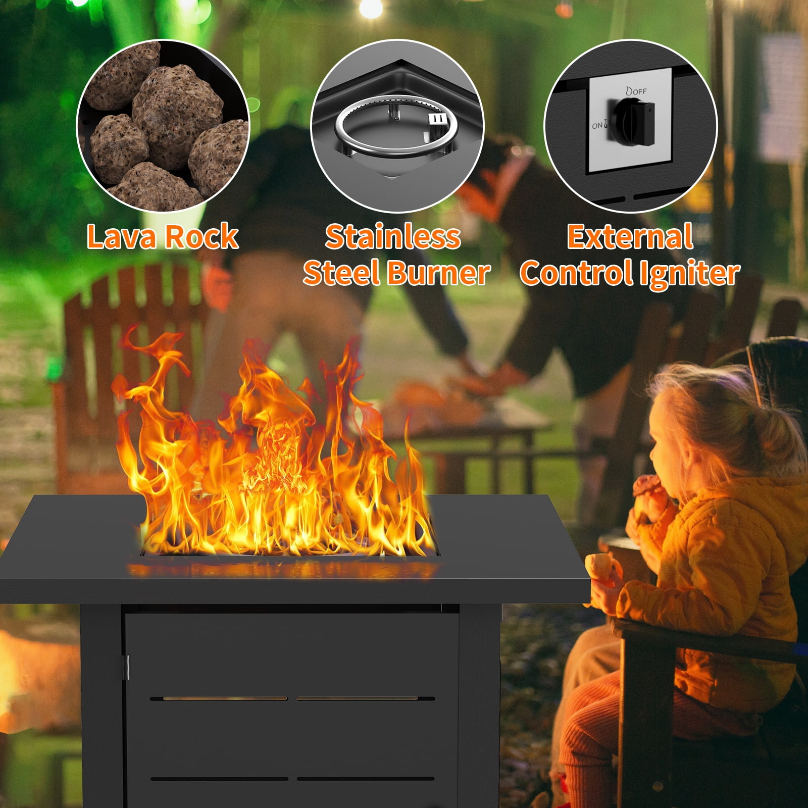28" Propane Fire Pit Table, 2-in-1 Square 50,000 BTU Propane Gas Fire Pit Table with Lid and Lava Rock,for Outside Patio Yard Party Garden and Lawn
