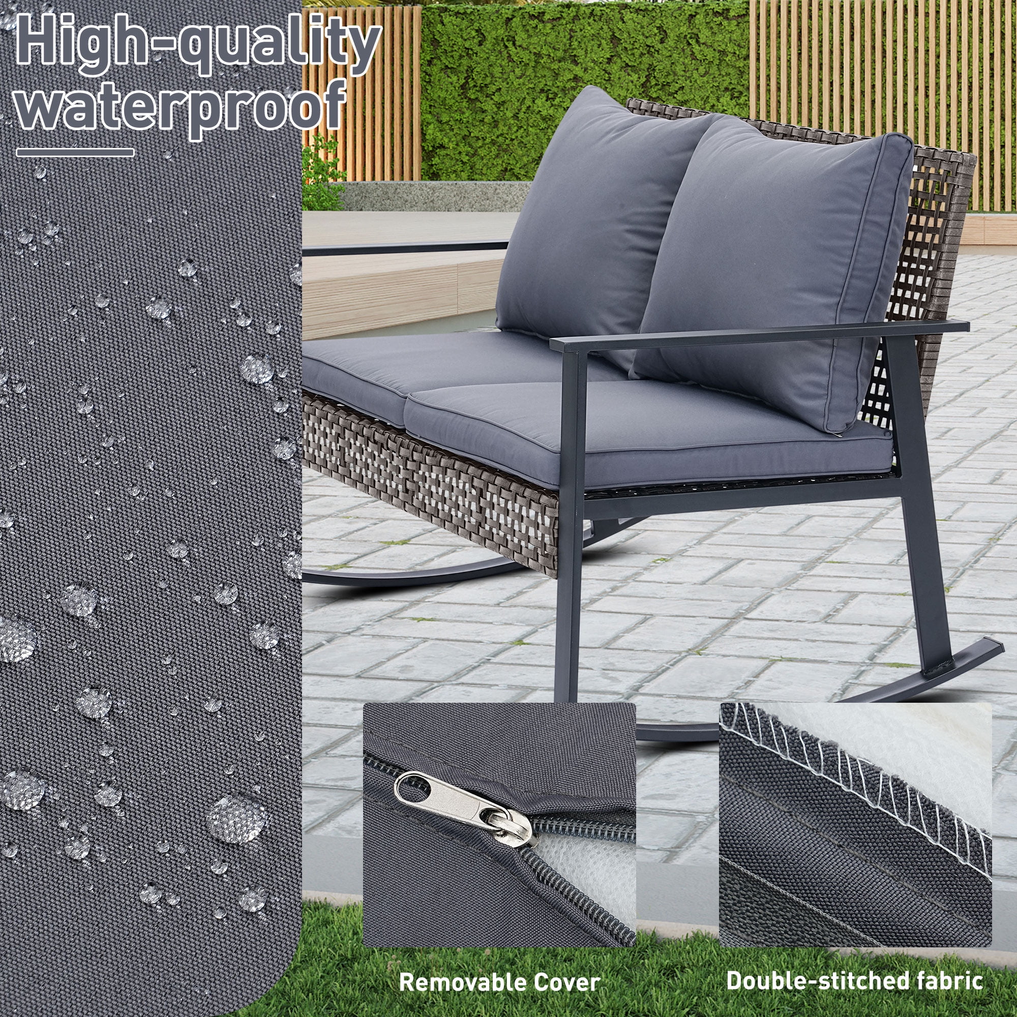 Ainfox Outdoor Patio Furniture Rocking Loveseat, Wicker Rattan Sofa,Grey