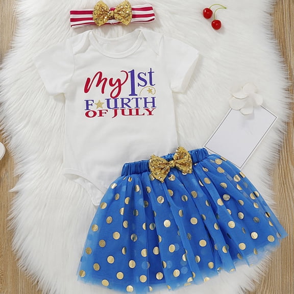 URMAGIC Baby Girls July of 4th Romper Bowknot Tutu Skirt Headband 3Pcs Summer Outfit Clothes,0-3M