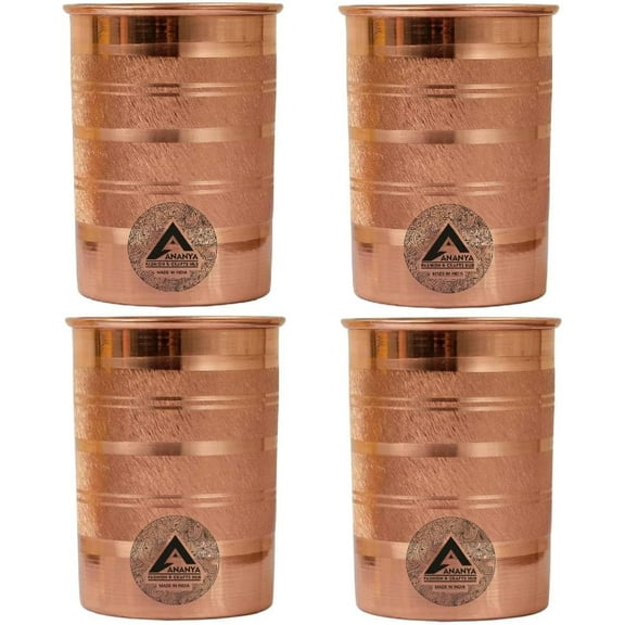 Copper Water Drinking Glass Set of 4 Ayurvedic Health Tumblers Copper Cups 10.14 Oz (300 ml) Silver Touch