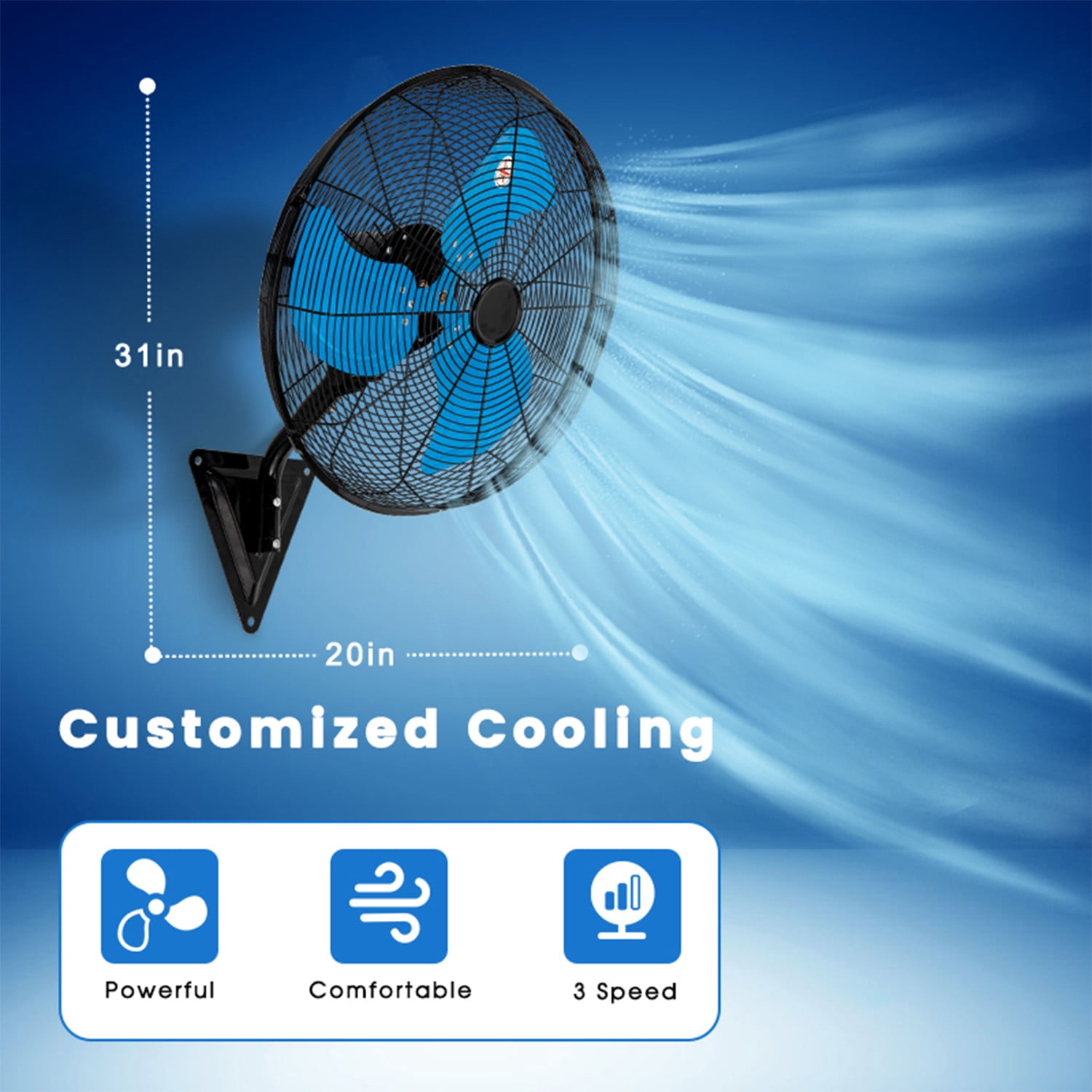 20in Wall Mount Fan, 3-Speed Industrial Wall Fan up to 7000CFM, 120°Oscillating High Airflow Cooling Fan for Garage,Home,Warehouse, Indoor/Outdoor Use, Blue