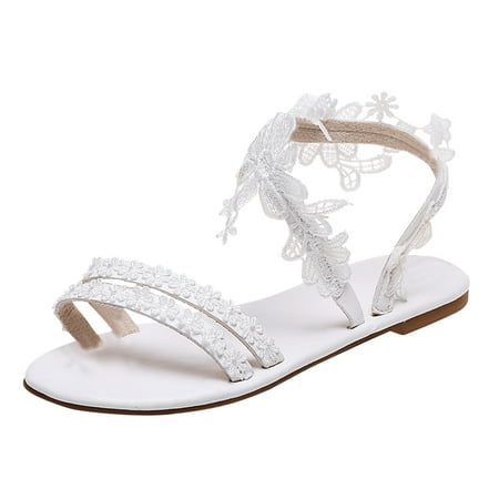 

nsendm Denim Sandals for Women Sandals For Women Girls Roman Flat Flower Casual Sandals Womens Cork Sandals with Bow White 8.5