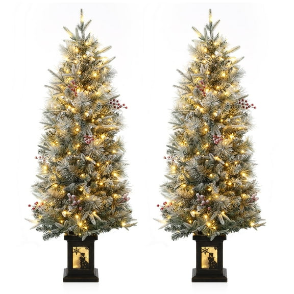 Artificial Christmas Tree, 4.5ft Pre-Lit Potted Snow Flocked Christmas Tree with 200 Warm White Lights, Small Holiday Xmas Tree with 4 Berries Clusters and Hinged Sections
