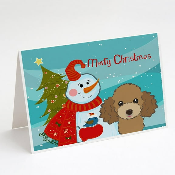 Snowman with Chocolate Brown Poodle Greeting Cards and Envelopes Pack of 8