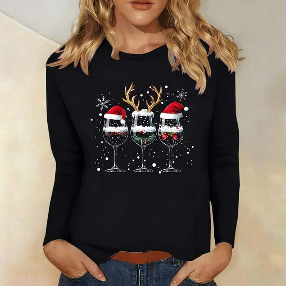 FDGIU 2025 Women's Funny Christmas Shirt - Long Sleeve Crew Neck Tunic Top, Cute Holiday Print for Party & Family Gathering