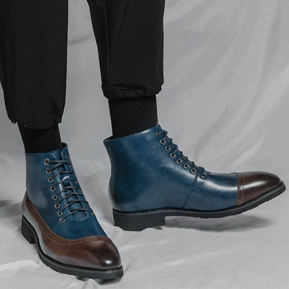 XIMIN Men's Leather Brogue Wingtips Lace-Up Dress Oxford Boots Comfortable Non-Slip Pointed Toe High-Top Retro Formal Chelsea Boots Ankle Boots