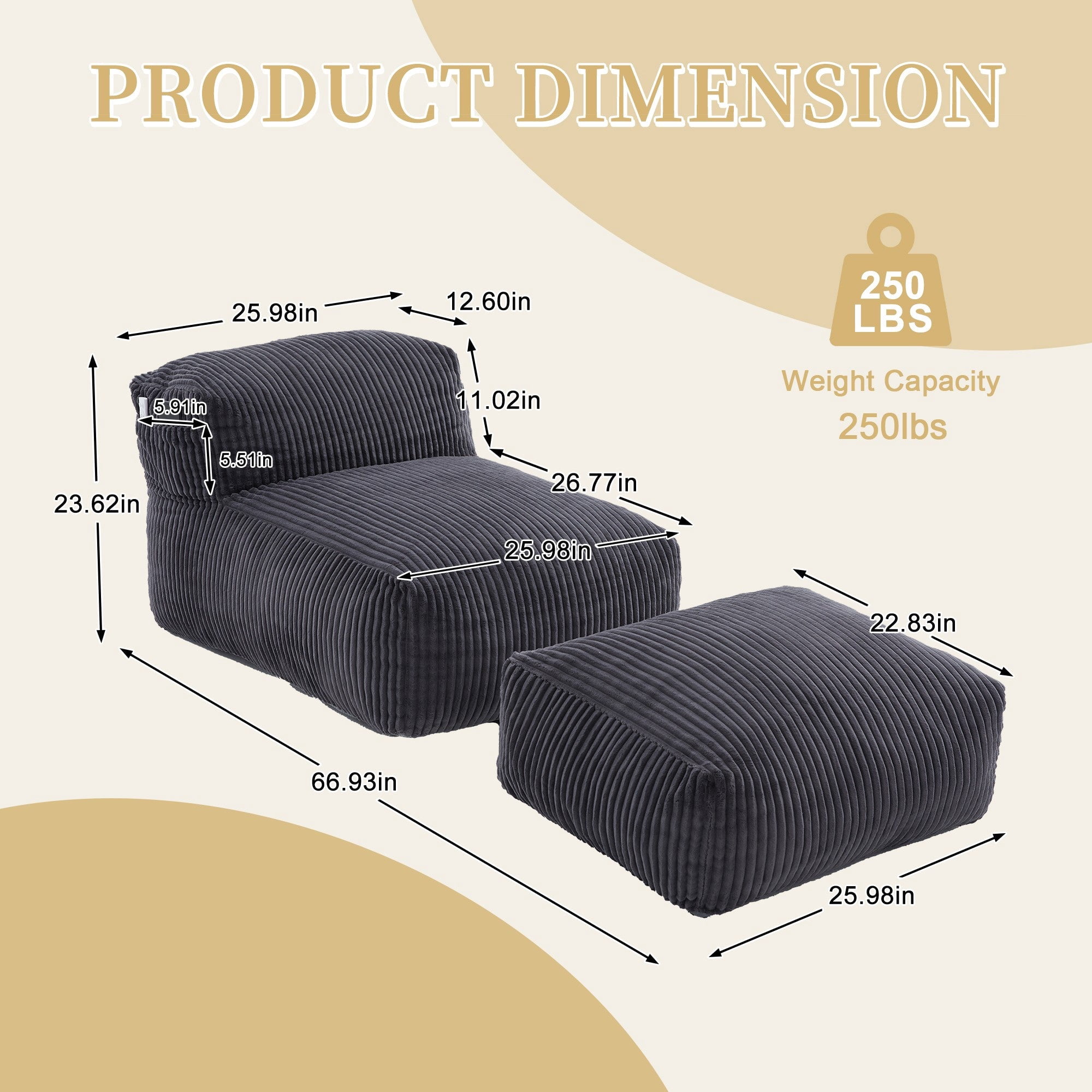 Sailvan Big Bean Bag Chair for Adults with Ottoman,Large Lounger Sofa,Soft Corduroy Beanbag Chair for Bedroom Dorm Living Room Dark Gray