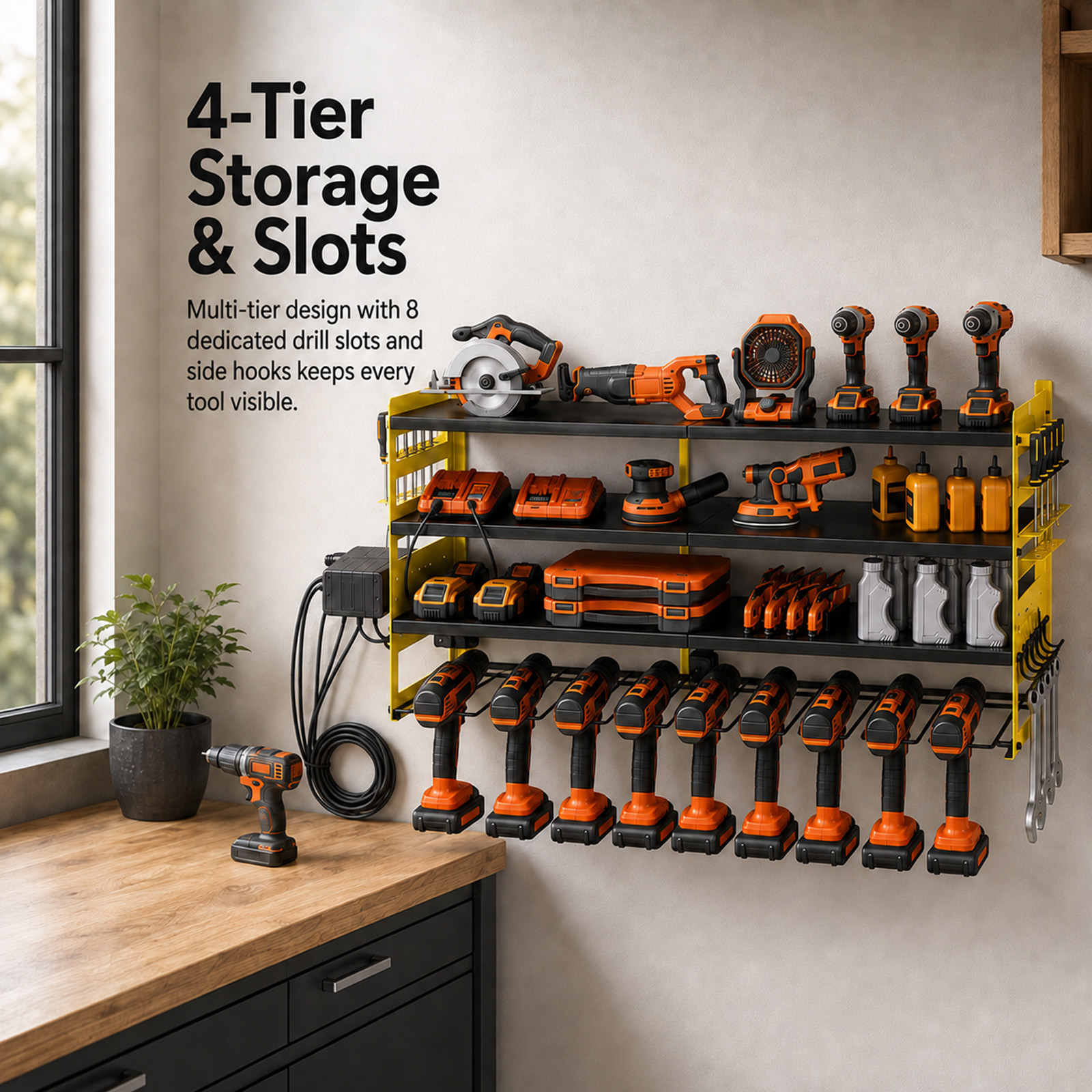 Alvantor 4-Tier Electric Tool Storage Rack with Charging Station, Power Tool Organizer with Screwdriver/Hammer/Air Tool Rack