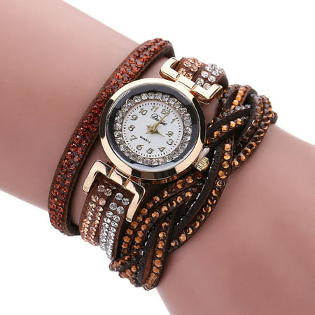 Outtop Women Luxury Crystal Women Gold Bracelet Quartz Wristwatch Rhinestone