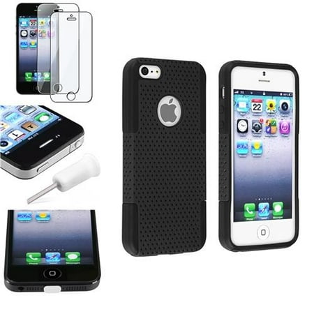 INSTEN Protective Black Hybrid Hard Mesh Case Silicone+2x SPT+White Cap For Apple iPhone 5S 5