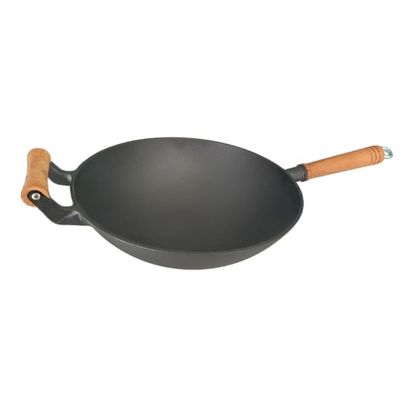 Aa2Zee 12" Pre-Seasoned Premium Cast Iron Wok with Dual Wooden Handle - CIPWO0612BLK