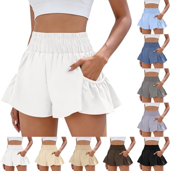 Quick Dry Biker Shorts Women High Waisted Athletic Running Shorts Elastic Summer Ruffles Flowy Sweatshort with Pockets, S