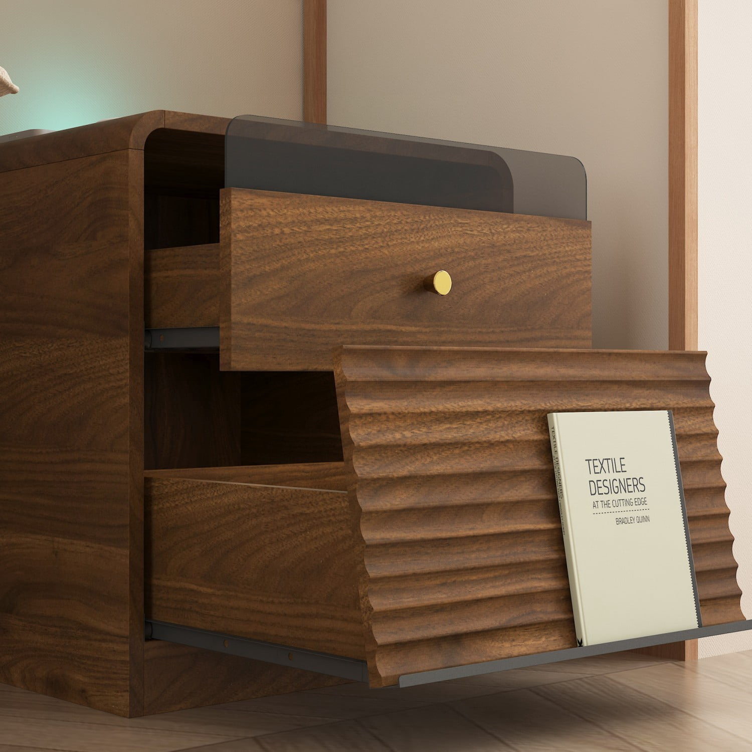 Nightstand with Charging Station, Voice Control Night Light and LED Light Strip, Modern Bedside Table with Storage Cabinet, Walnut Night Stand for Bedroom