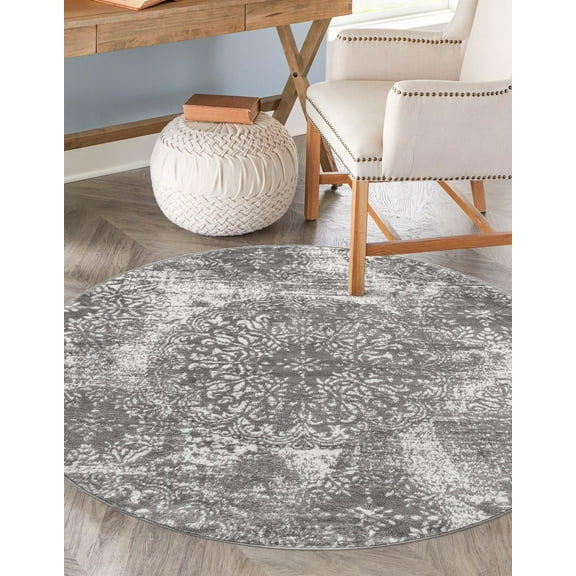 Rugs.com Monte Carlo Collection Rug – 7' Round Gray Medium Rug Perfect For Kitchens, Dining Rooms