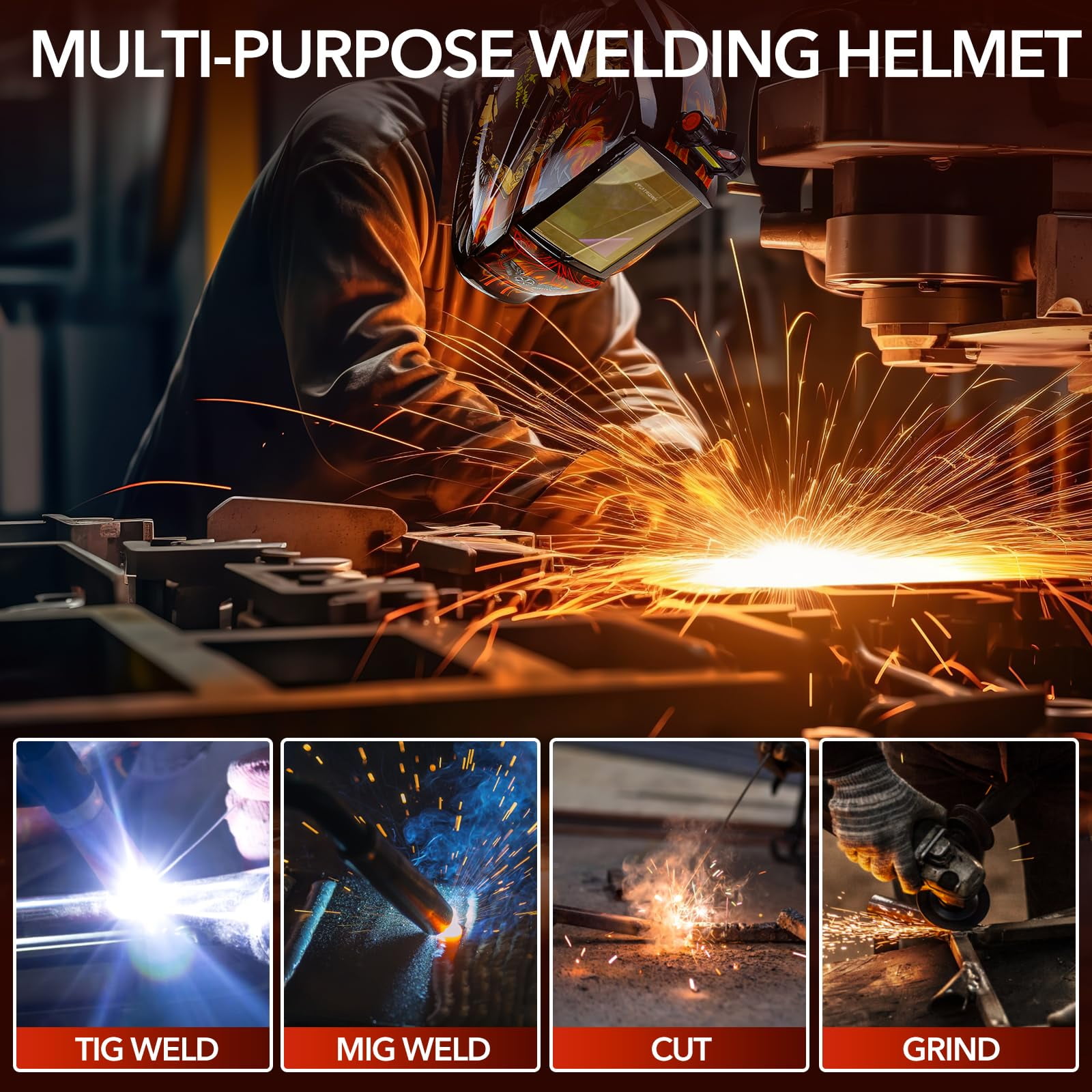 Welding Helmet Auto Darkening with LED Light Large View Solar Powered True Color Welding Hood 4 Arc Sensor Wide Shade 4/5-9/9-13 Welding Mask for TIG MIG Arc Weld Grinding