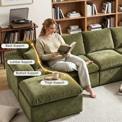 130" Modular Sectional Sofa, L-Shape Cloud Couch with 2 Movable Ottomans, Comfy Chenille Deep Seat Sofa with Soft Pillows for Living Room Apartment, Green