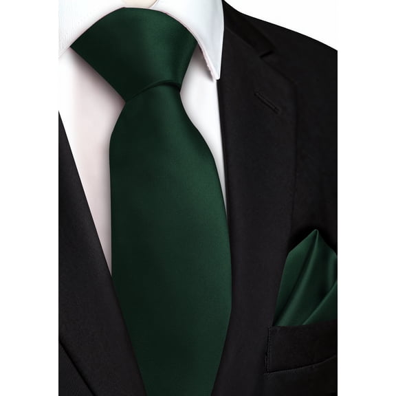 Mens Dark Green Tie and Pocket Square Set with Tie Clip Silk Satin Necktie Handkerchief Wedding Business Formal
