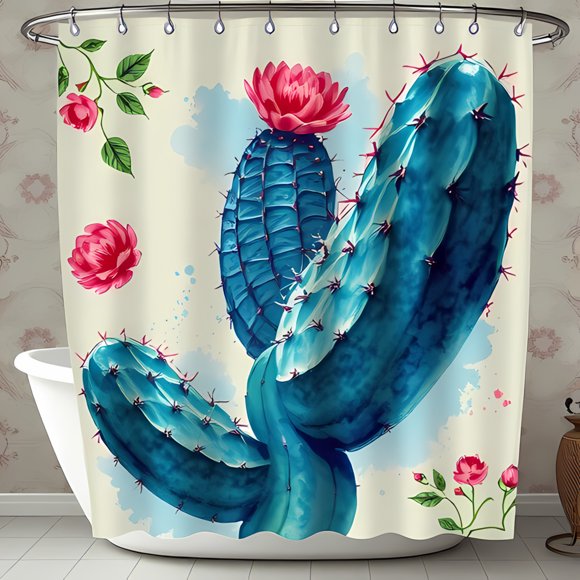 Vibrant Watercolor Blue Cactus Shower Curtain with Pink Roses Whimsical Bathroom Decor