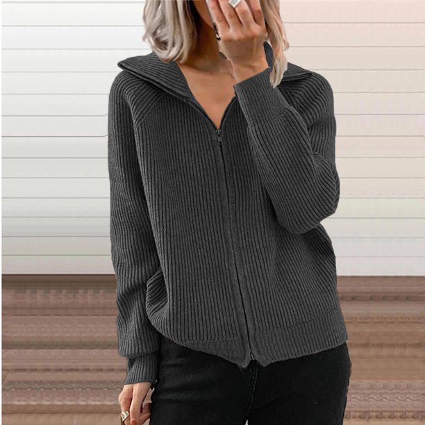 Chaqueta informal a rayas de otoño e invierno de estilo europeo y americano, cárdigan holgado de punto con cremallera y manga larga, suéter con solapa para mujer
