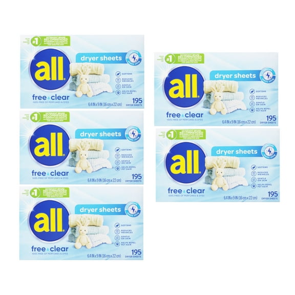 all Fabric Softener Dryer Sheets for Sensitive Skin, Free Clear, 195 Count - 5 Pack