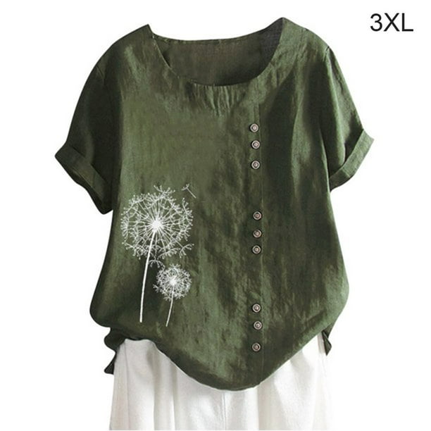 Camisa de mujer con botones, blusa informal de manga corta con cuello redondo, verde, 3XL Yuarrent AP001735-30