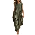 thumbnail image 2 of Cagogo Women's 2 Piece Casual Set Round Neck Sleeveless T-Shirt Wide Leg Pants Summer Boho Streetwear Outfits Loose Lounge Tops Comfy Pants Matching Travel Clothes, Army Green M, 2 of 6