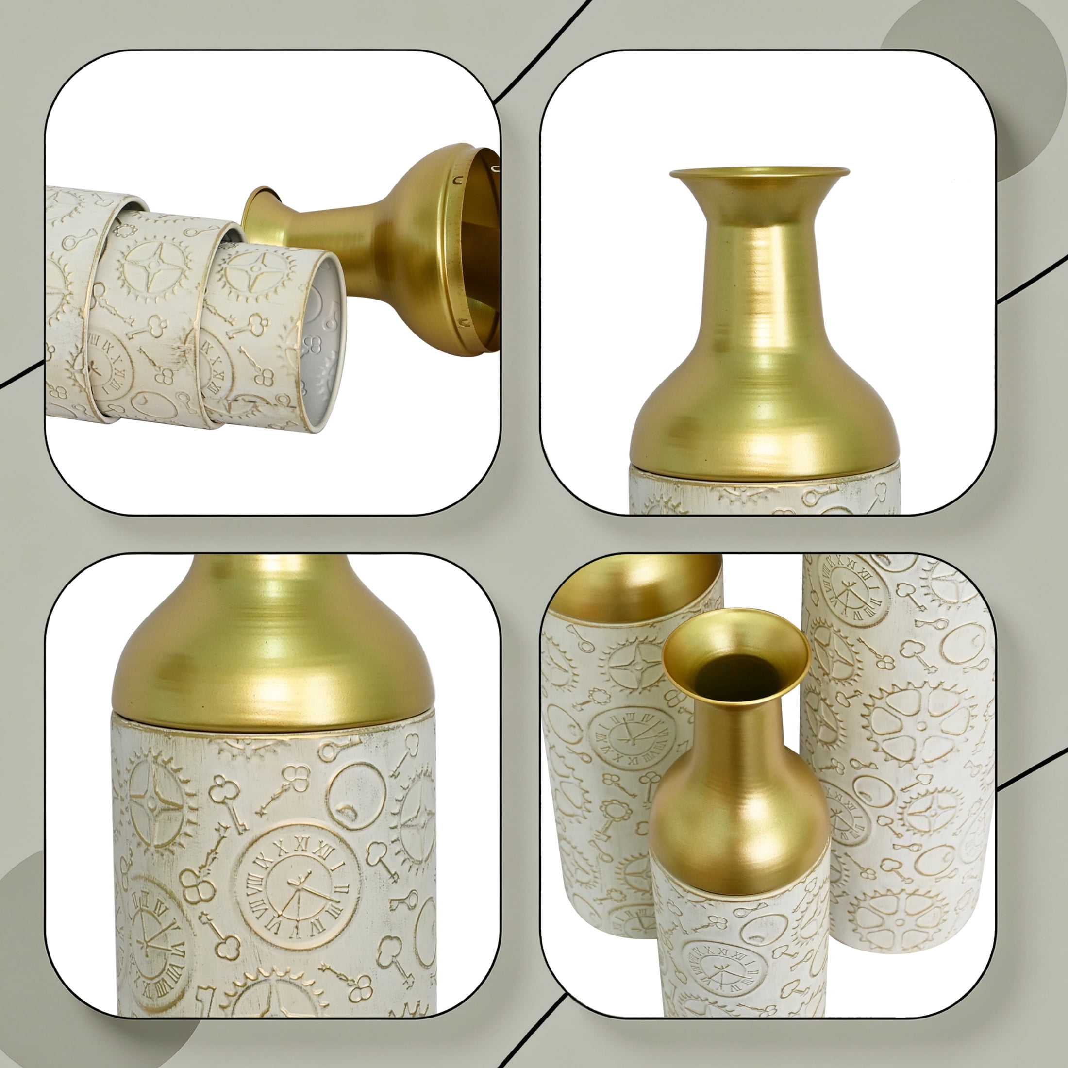 Noble House Set of 3 Decorative Metal Floor Vases, Clockwork Pattern Tall Vases, Antique White+Gold