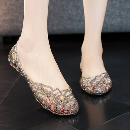 

WQJNWEQ Sandals Summer Hollow Out Flat Sandals Women s Casual Shoes Crystal Plastic Jelly Shoes Sales