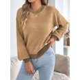 thumbnail image 6 of Women Casual Knit Crew Neck Contrast Striped Lantern Long Sleeve Loose Knit Pullover Sweater Khaki M, 6 of 9