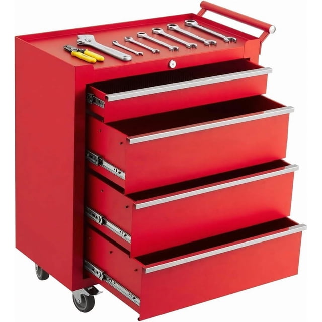 Chariot à Outils Roulant à 4 Tiroirs, Boîte à Outils de Garage en Acier Robuste avec Mécanisme de Verrouillage et Roues, Coffre de Rangement Utilitaire Multifonction pour Outils pour Entrepôt, Atelier de Réparation