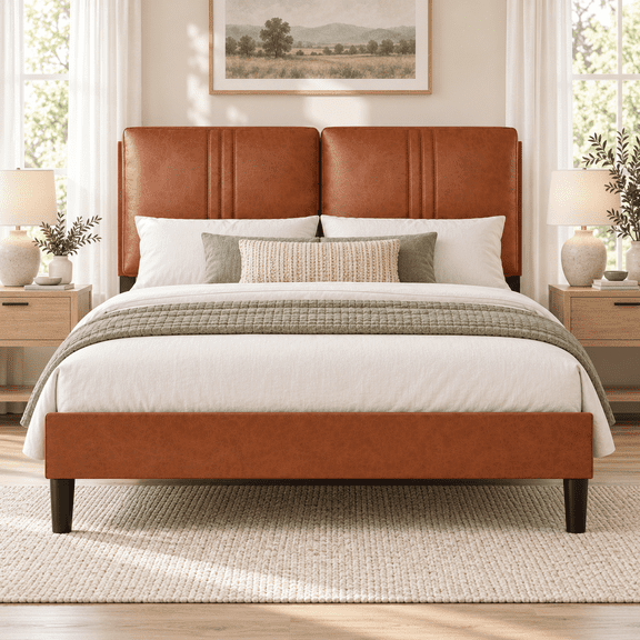 bzbbzc Queen Size Faux Leather Platform Bed Frame with Headboard, Easy Assembly, No Box Spring Needed, Rustic Brown