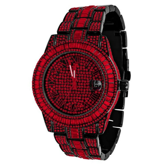 Roman Numberal Dial 18K Black Gold W Red CZ Finish Baguette/Round Cut Simulated Diamond 5 ATM Water Resistant Steel Back Men's Watch W/Date Function 45mm