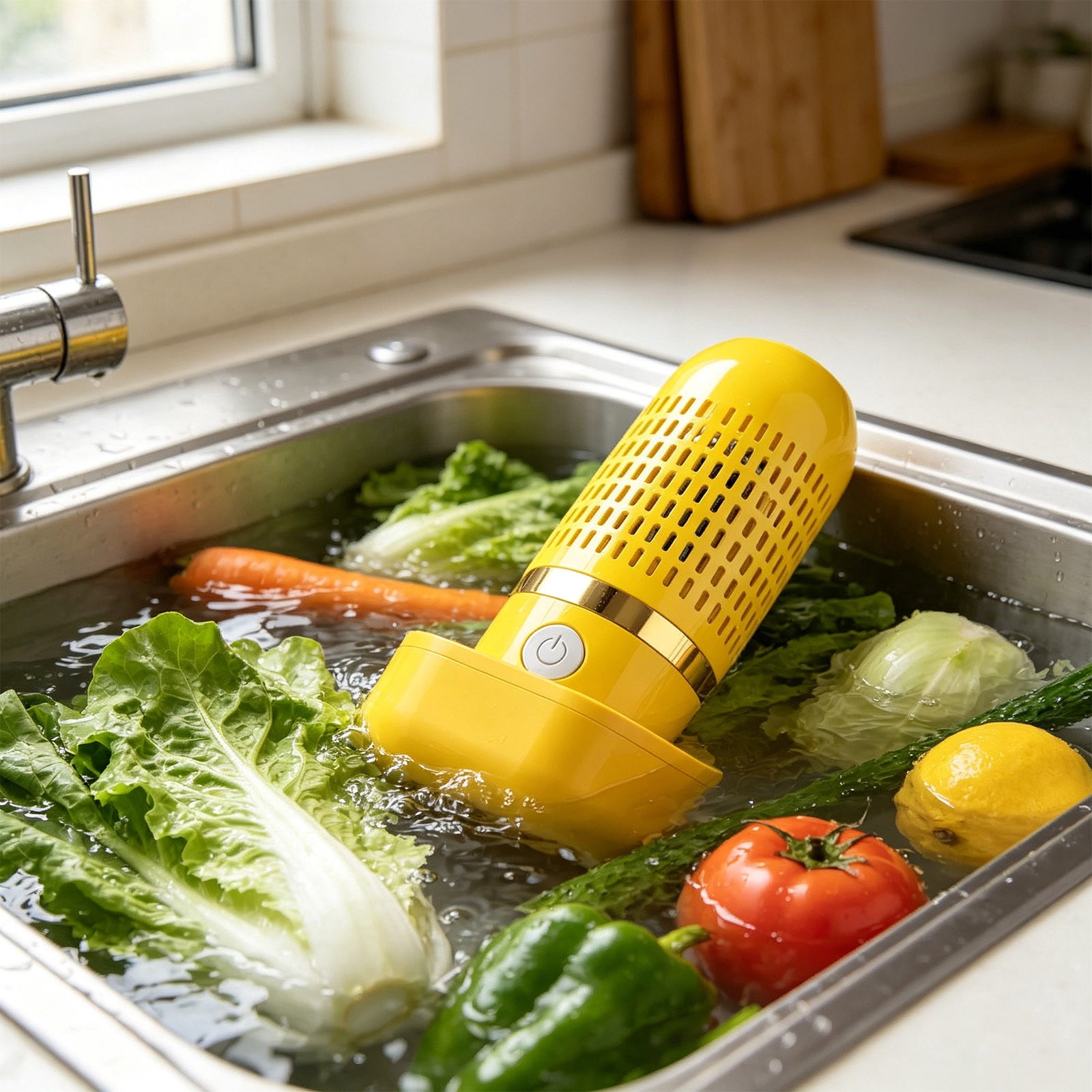 Fruit and Vegetable Washing Machine Pure Pod Produce Cleaner, Food Purifier for Deep Cleaning Surface Residues, Waterproof Cordless Device for Berries & Meat Yellow