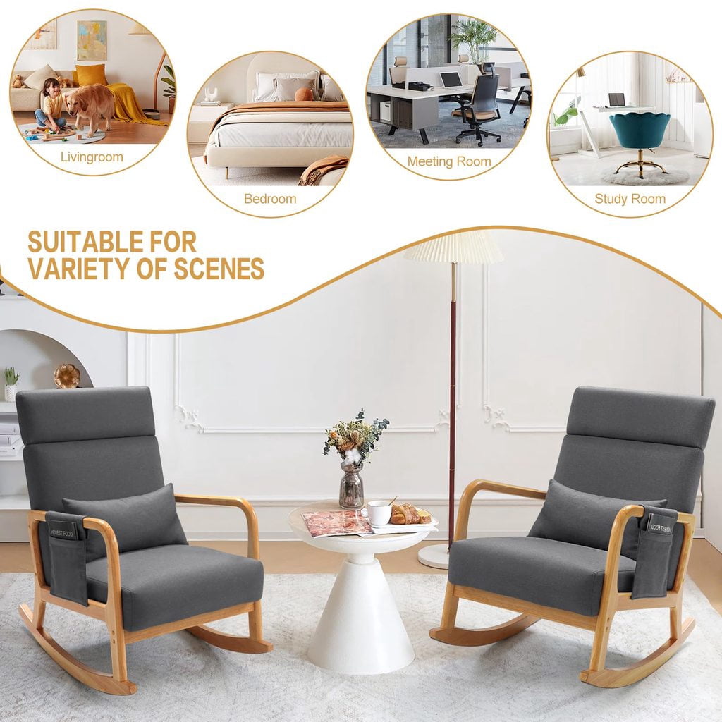 Solid Wood Rocking Chair, Nursery Upholstered Glider Rocker, Rocking Accent Chair with High Backrest, Pillow and Magazine Side Pocket for Living Room Bedroom Study(Set of 2, Grey)