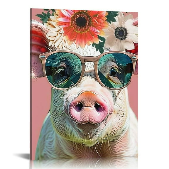 FCXZI Pig Wearing Sunglass Paintings Artwork Cute Cartoon  Indoor art wall decoration home is suitable for living room, bedroom, office, dining room, club decoration, can hang Canvas painting 12x16in