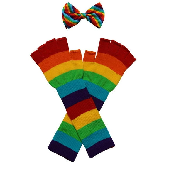 Rainbow Costume Bow Tie And Long Gloves