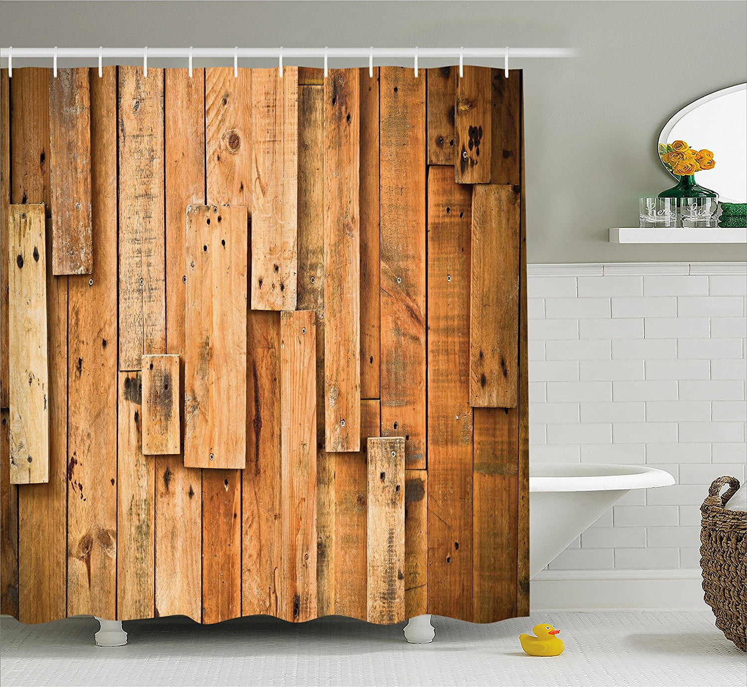 Wooden Shower Curtain Set by , Lodge Style Teak Hardwood Wall Planks