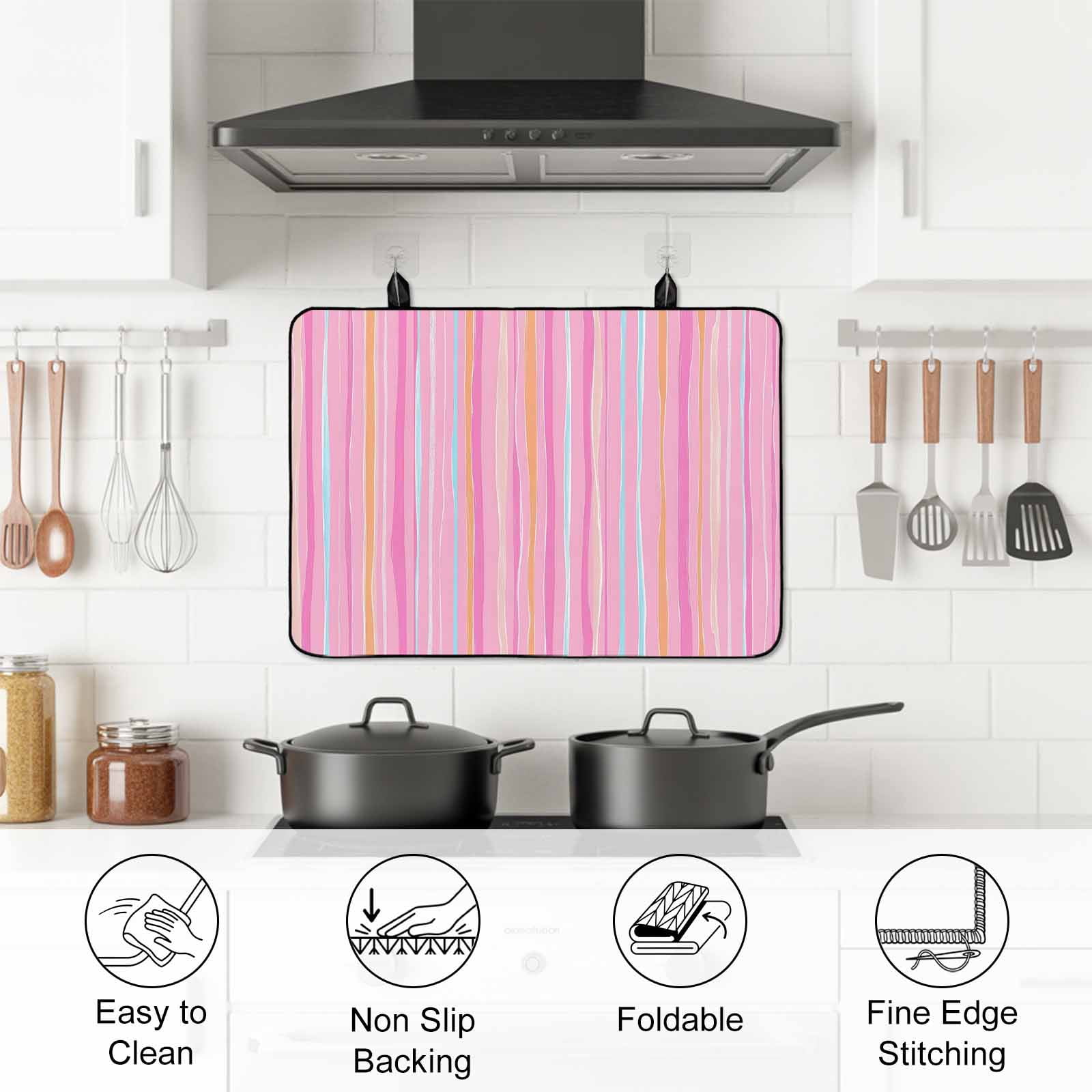 Pink Orange Blue Stripe Stove Top Cover for Electric Stove, Heat-proof & Non Slip Glass Top Stove Cover Protector, Modern Abstract Art Striped Farmhouse Kitchen Flat Cooktop Rubber Mat 24x21 Inches